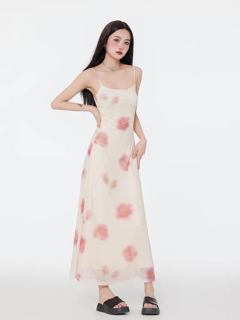 Scoop Neck Spaghetti Strap Watercolor Floral Mesh Overlay Column Maxi Dress 2