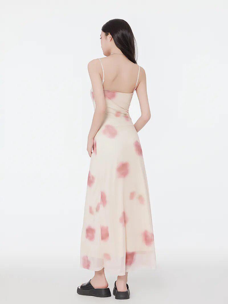 Scoop Neck Spaghetti Strap Watercolor Floral Mesh Overlay Column Maxi Dress 3