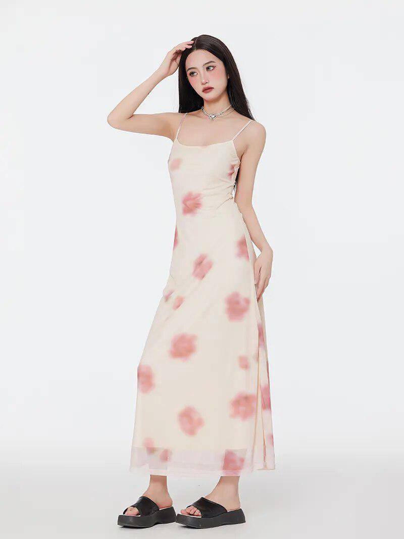 Scoop Neck Spaghetti Strap Watercolor Floral Mesh Overlay Column Maxi Dress 4