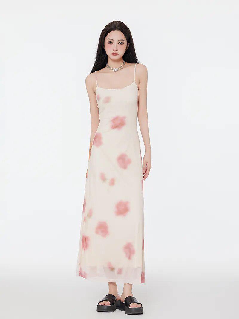 Scoop Neck Spaghetti Strap Watercolor Floral Mesh Overlay Column Maxi Dress