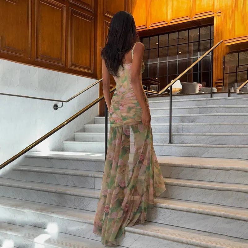 Floral Print Corset Halter Ruched High Slit Maxi Dress 2
