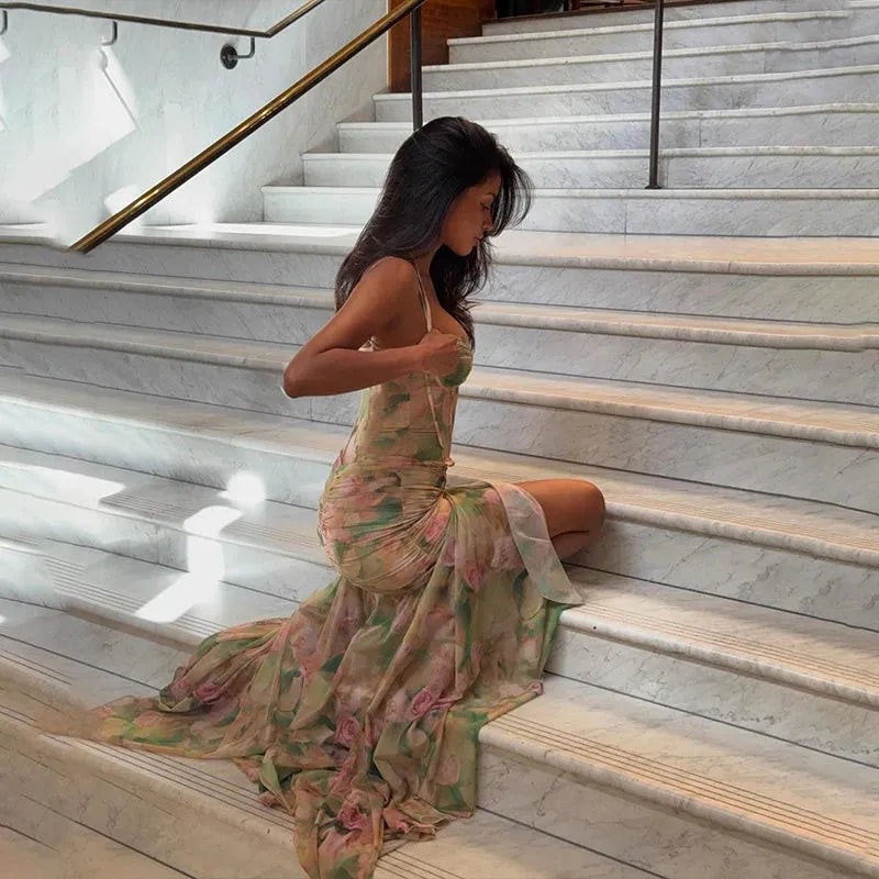 Floral Print Corset Halter Ruched High Slit Maxi Dress 3