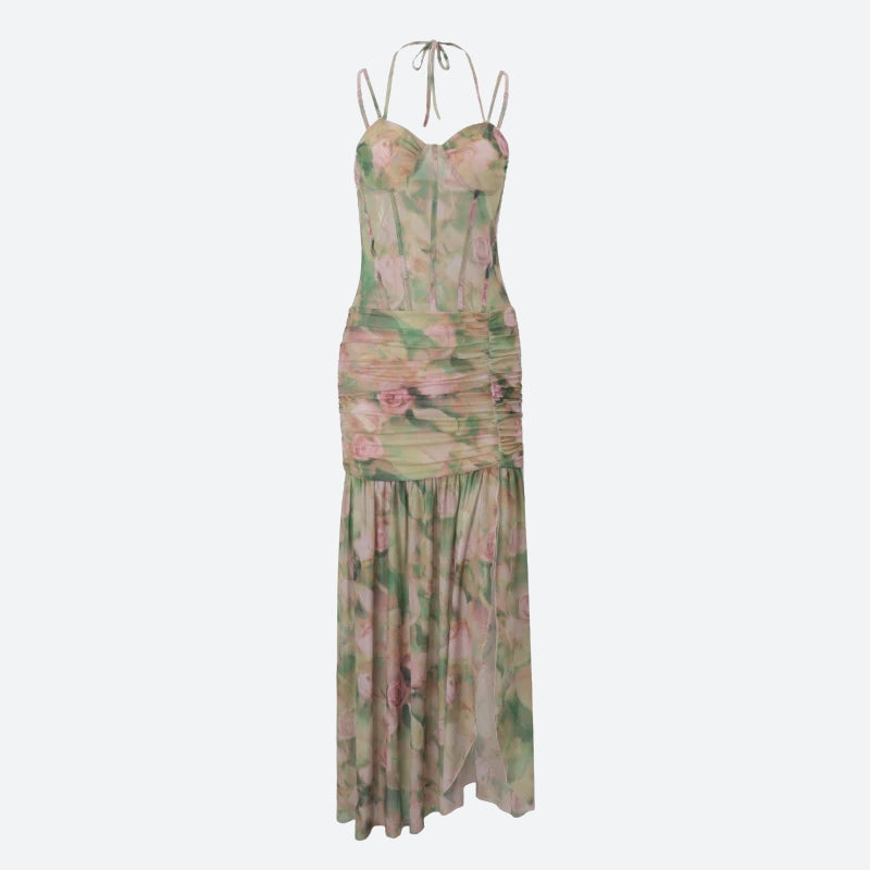 Floral Print Corset Halter Ruched High Slit Maxi Dress 5
