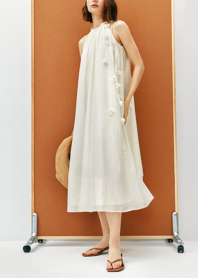 High Halter Neck Ruffle Trim Tie-Waist 3D Floral Applique Linen Midi Dress 3