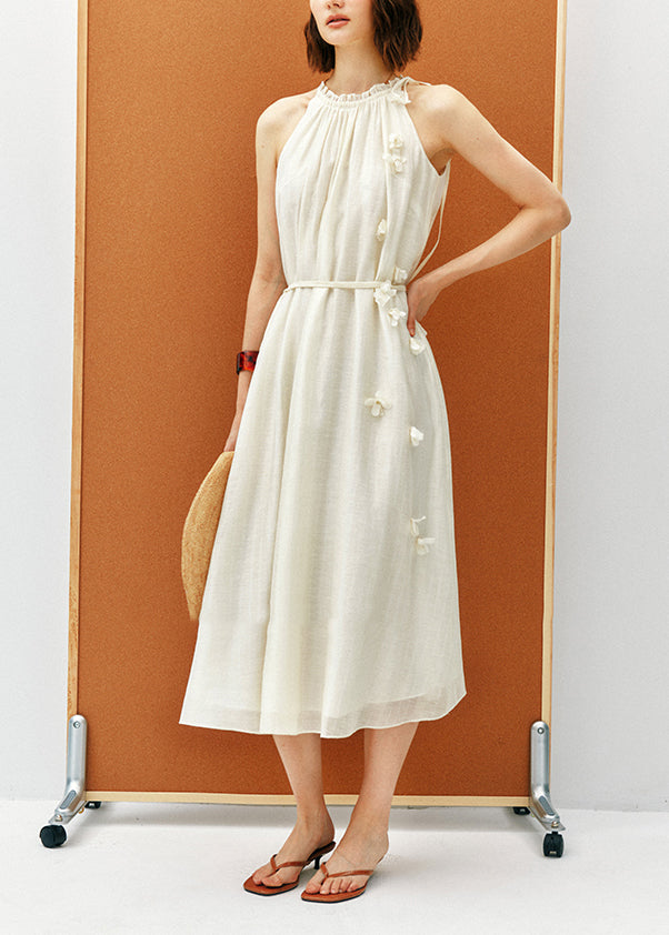 High Halter Neck Ruffle Trim Tie-Waist 3D Floral Applique Linen Midi Dress 4