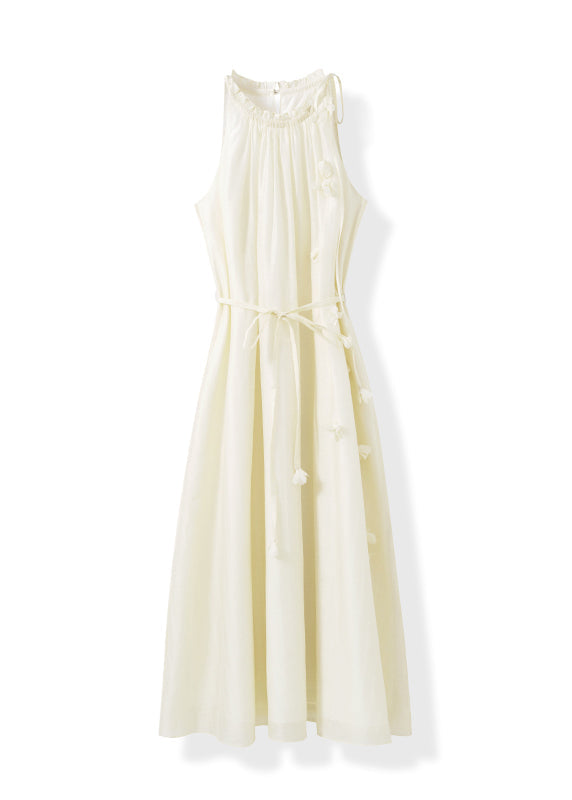 High Halter Neck Ruffle Trim Tie-Waist 3D Floral Applique Linen Midi Dress 5