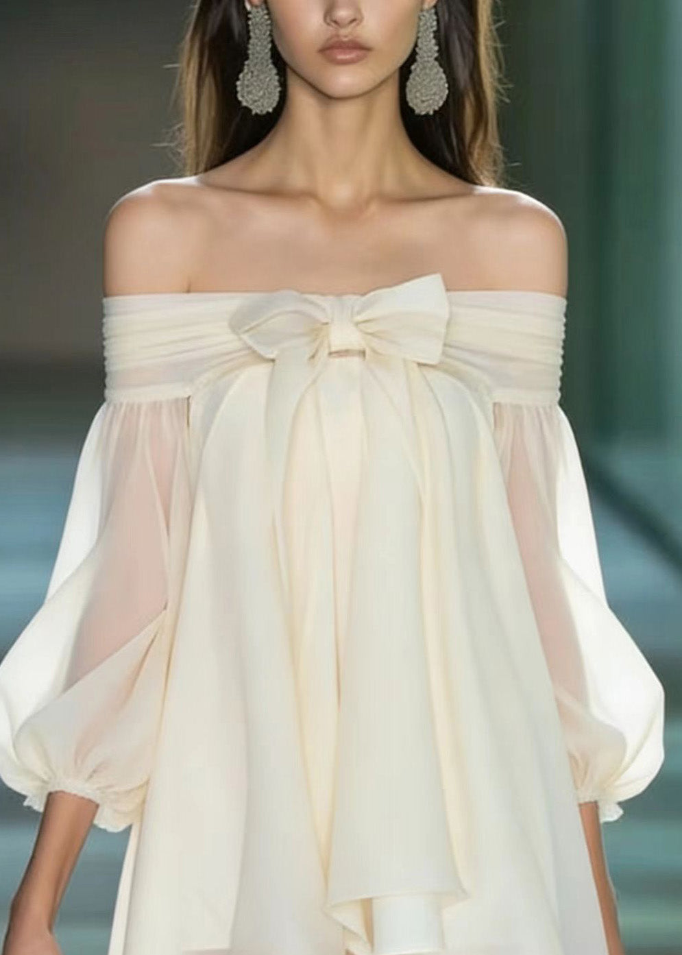 Off Shoulder Bow Front Puff Sleeve Chiffon Mini Dress 2
