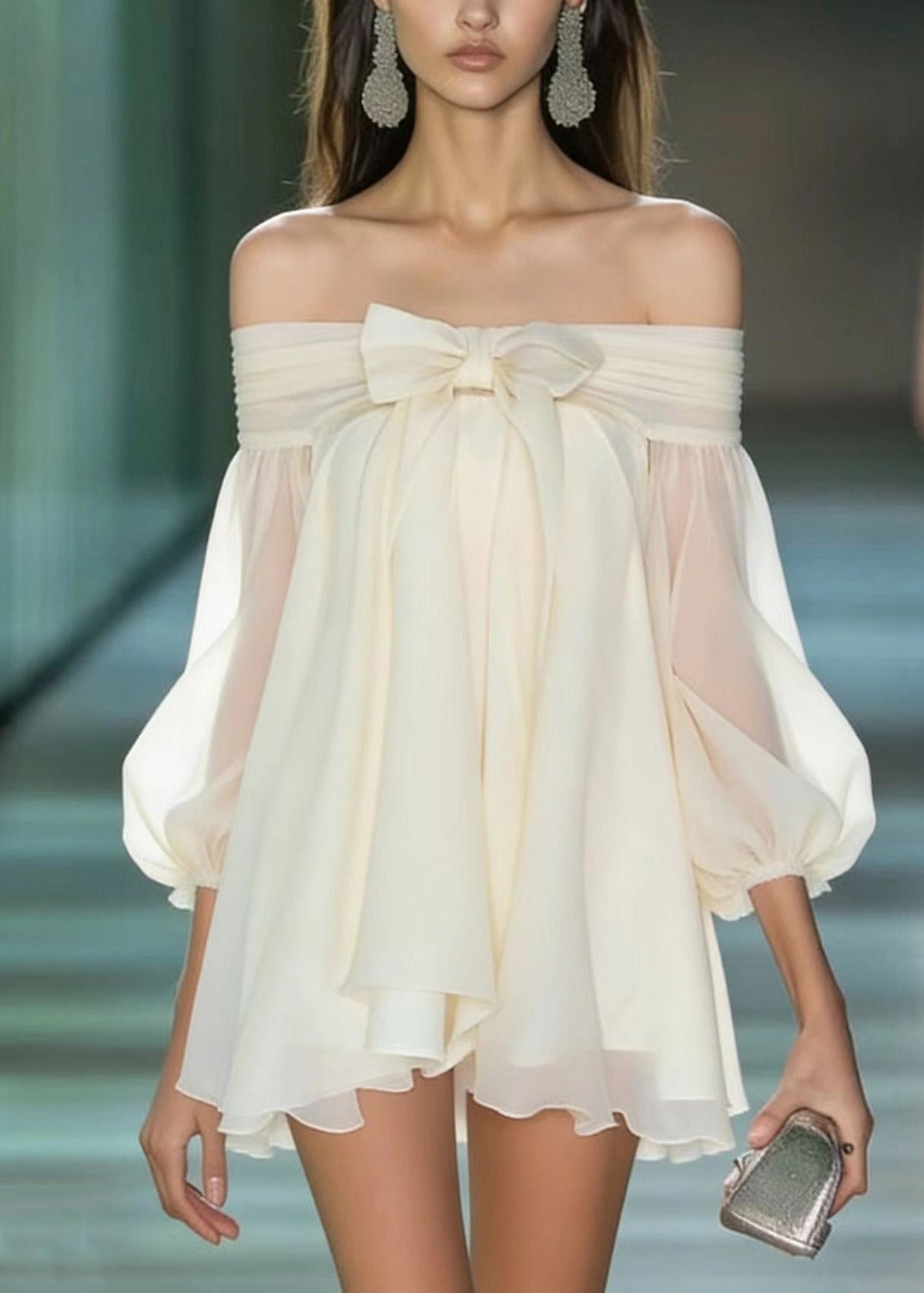 Off Shoulder Bow Front Puff Sleeve Chiffon Mini Dress 3
