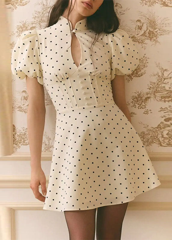 Mandarin Collar Keyhole Puff Sleeve Corset Button Front Mini Dress