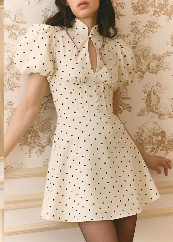 Mandarin Collar Keyhole Puff Sleeve Corset Button Front Mini Dress 3