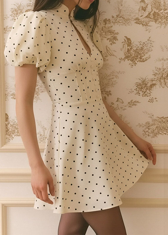 Mandarin Collar Keyhole Puff Sleeve Corset Button Front Mini Dress 4