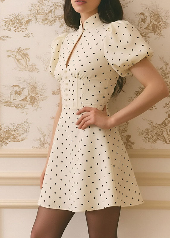 Mandarin Collar Keyhole Puff Sleeve Corset Button Front Mini Dress 5