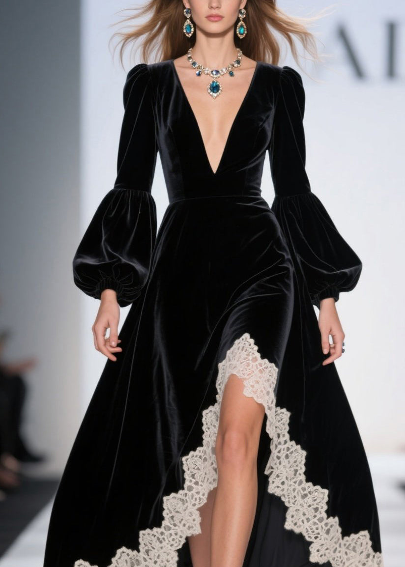 Deep V-Neck Puff Sleeve Lace Trim Scalloped High-Low Velvet Maxi Gown 2