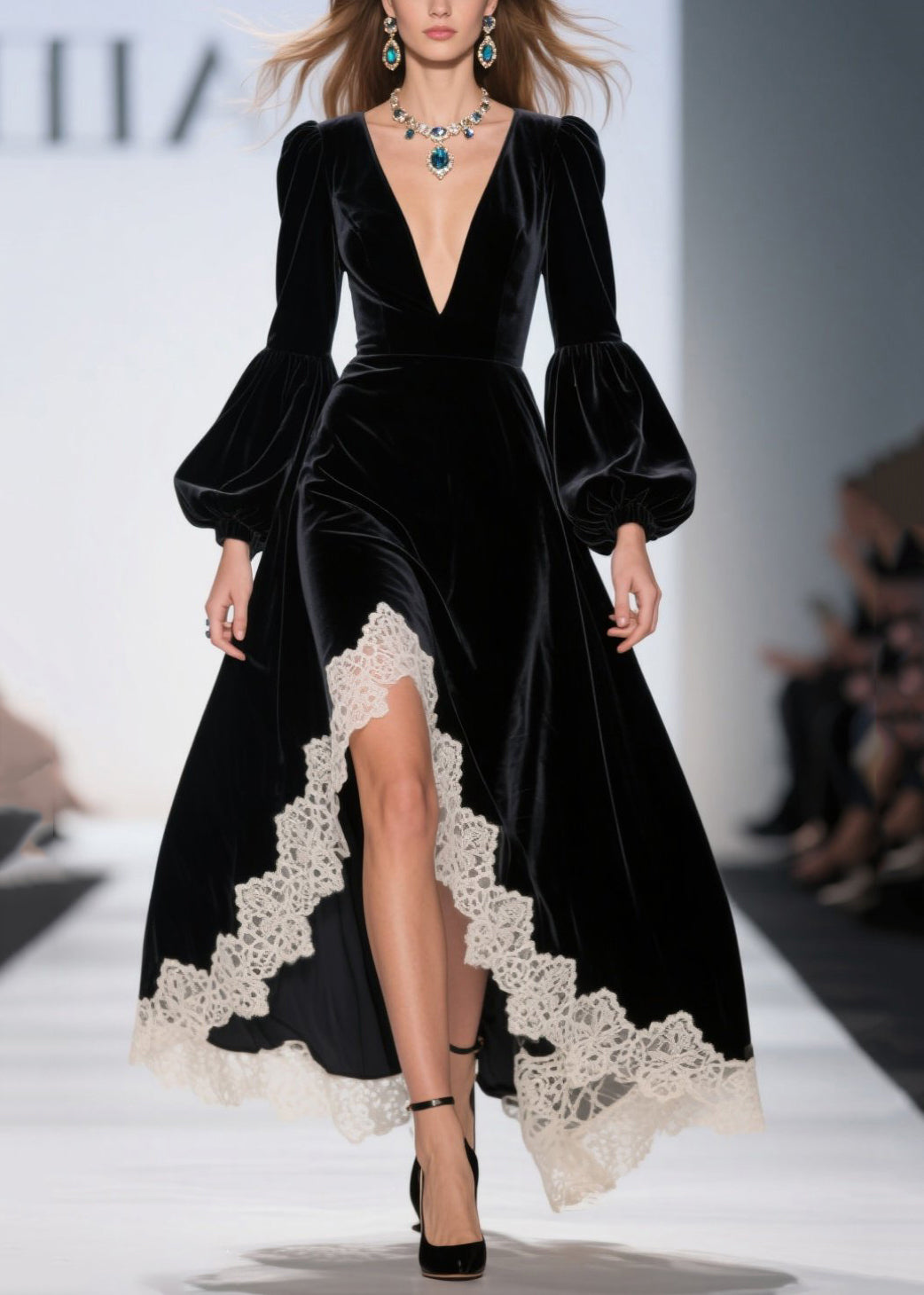 Deep V-Neck Puff Sleeve Lace Trim Scalloped High-Low Velvet Maxi Gown 3