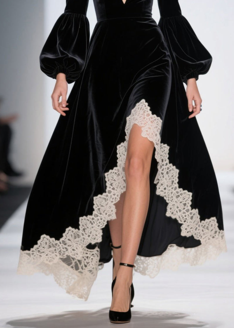 Deep V-Neck Puff Sleeve Lace Trim Scalloped High-Low Velvet Maxi Gown 4