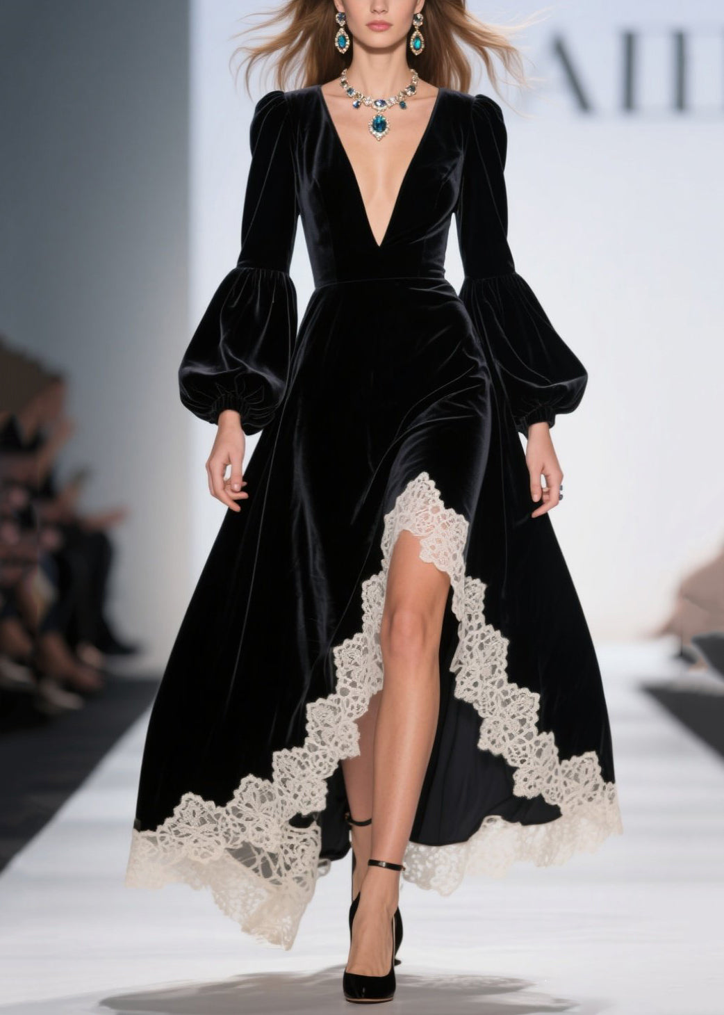 Deep V-Neck Puff Sleeve Lace Trim Scalloped High-Low Velvet Maxi Gown 5