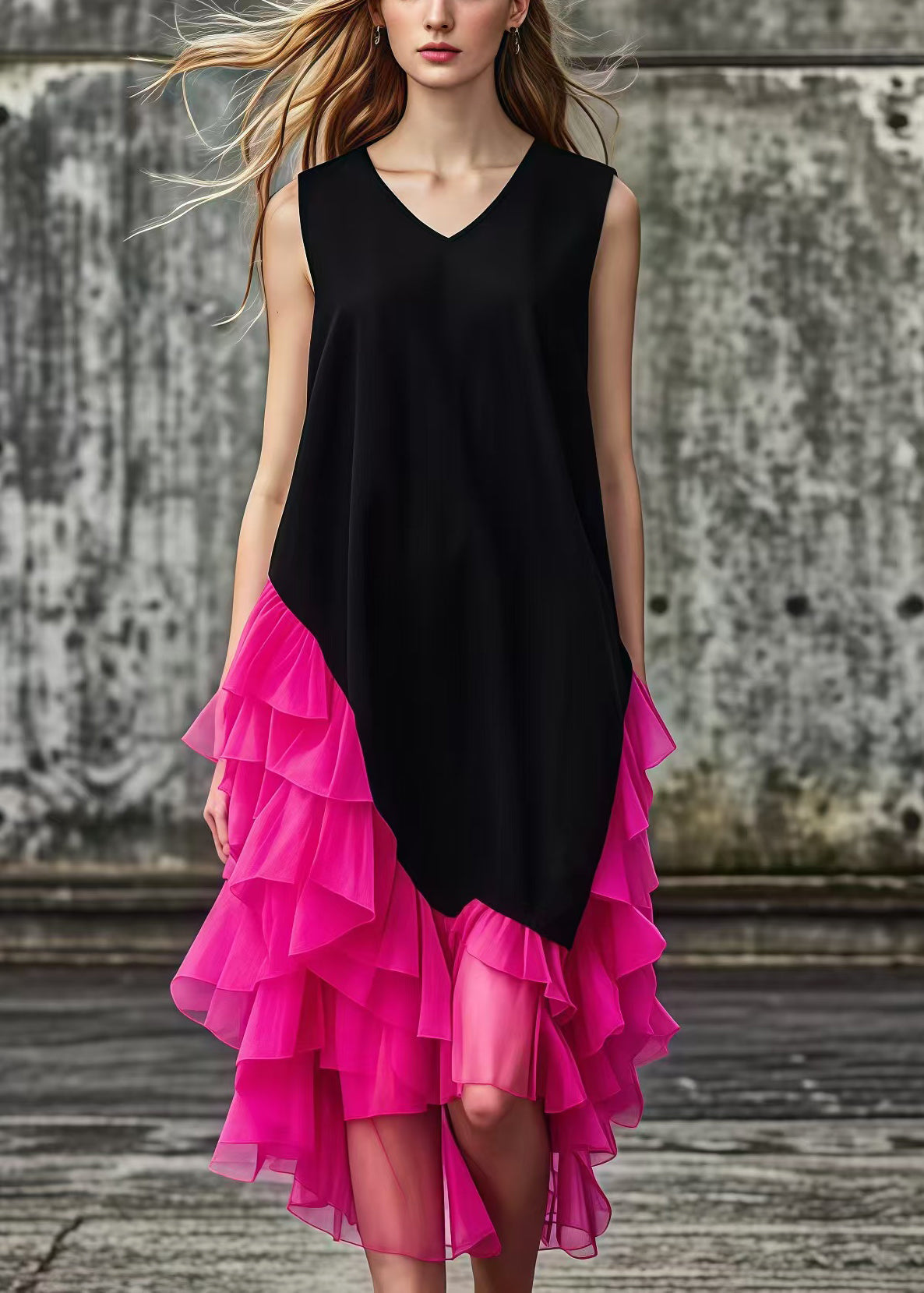 Deep V-Neck Collared Asymmetrical Tulle Patchwork Maxi Dress