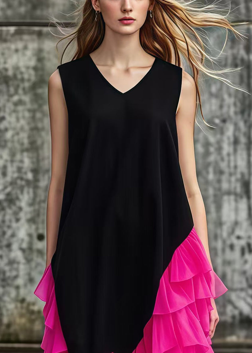 Deep V-Neck Collared Asymmetrical Tulle Patchwork Maxi Dress 2