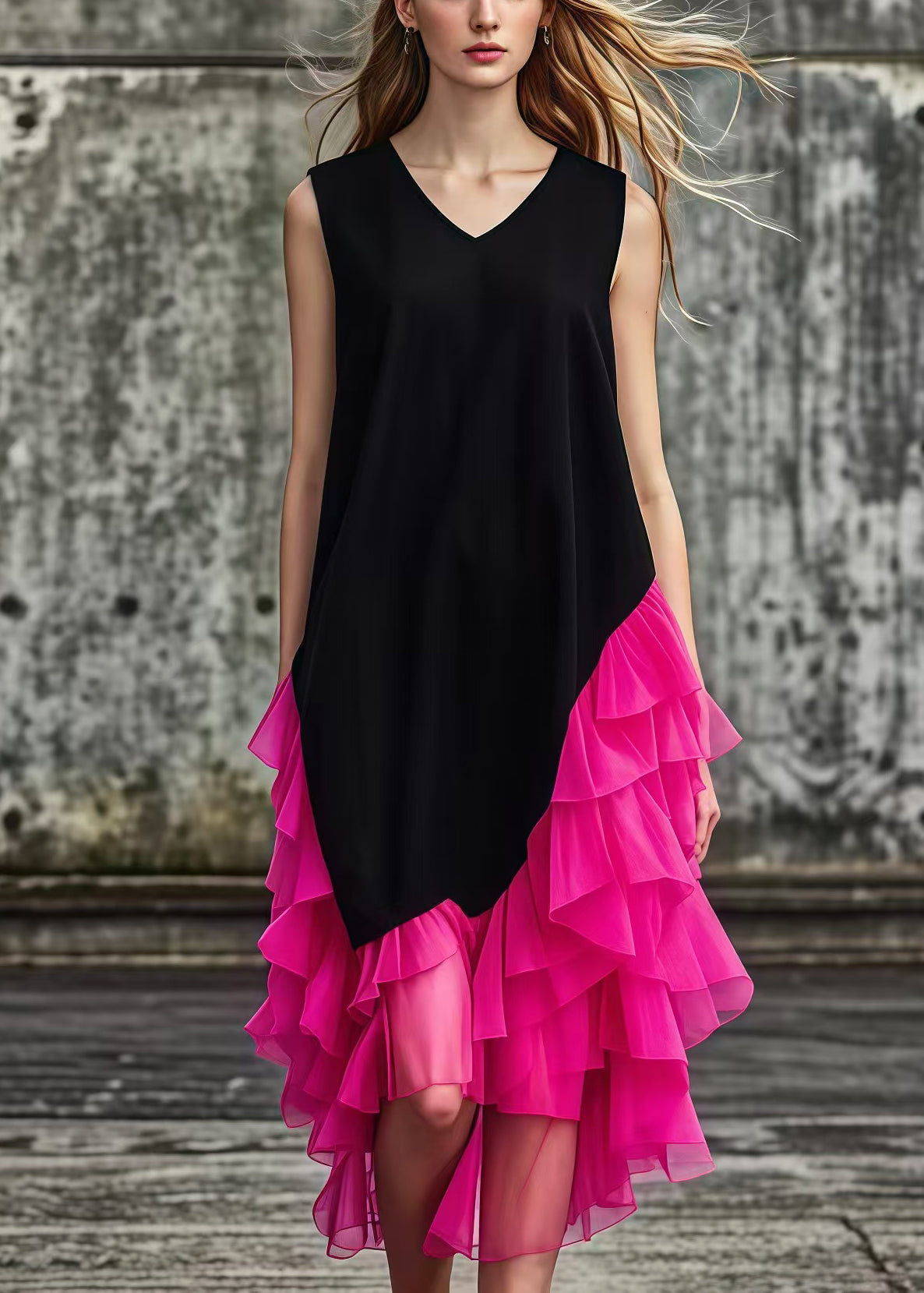 Deep V-Neck Collared Asymmetrical Tulle Patchwork Maxi Dress 3