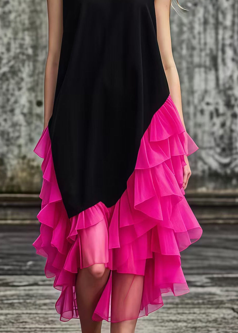 Deep V-Neck Collared Asymmetrical Tulle Patchwork Maxi Dress 4