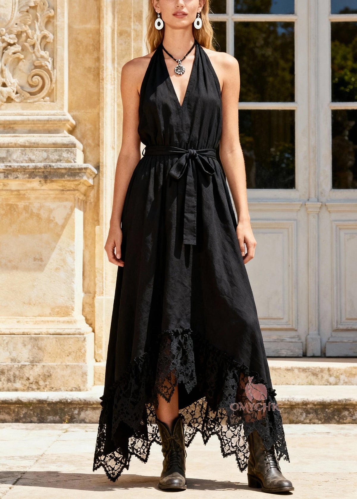 Halter Deep V-Neck Sash Tie Lace Trim Handkerchief Hem Maxi Dress