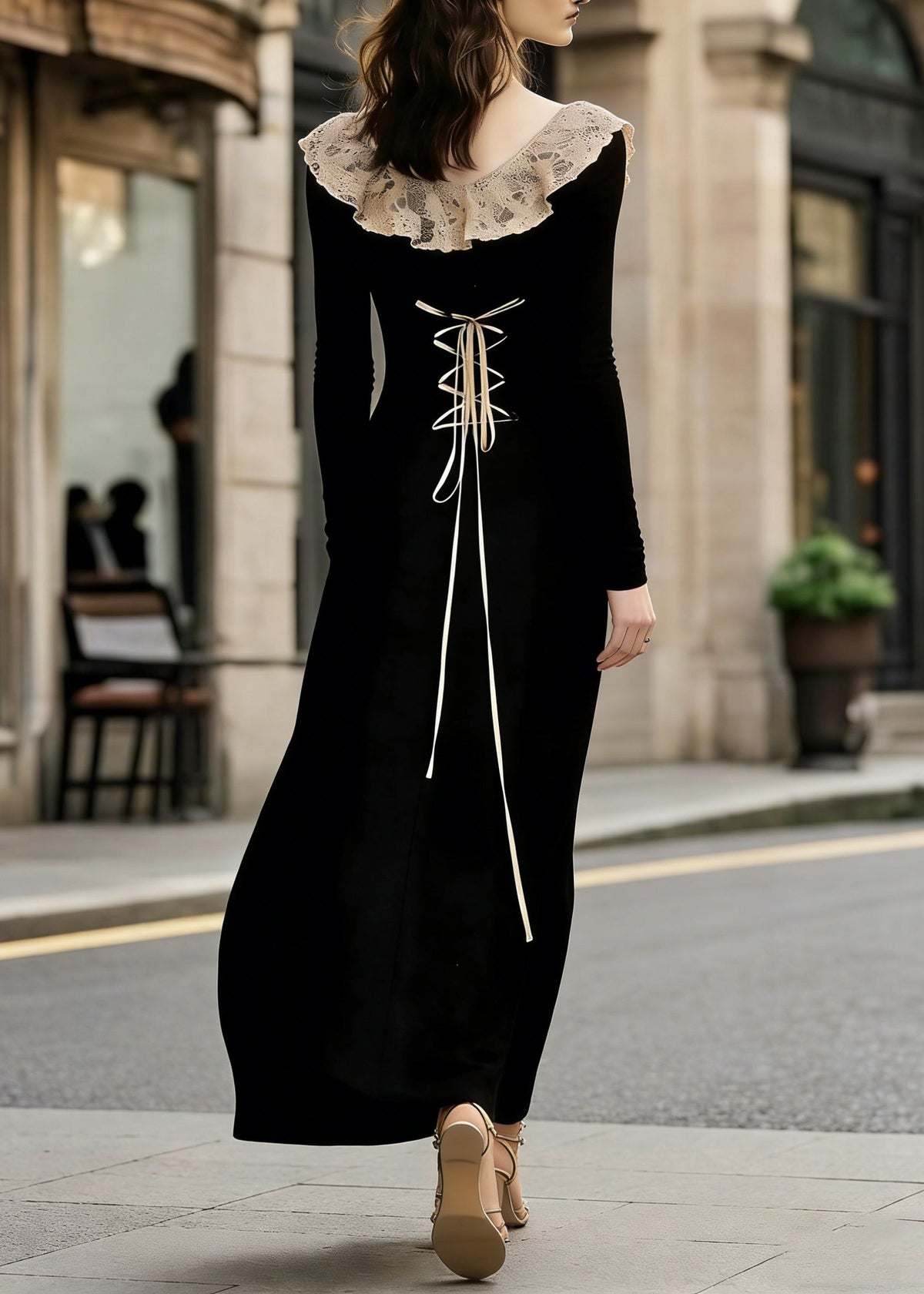 Long Sleeve Ruffle Lace Collar Corset Lace-Up Back Column Maxi Dress