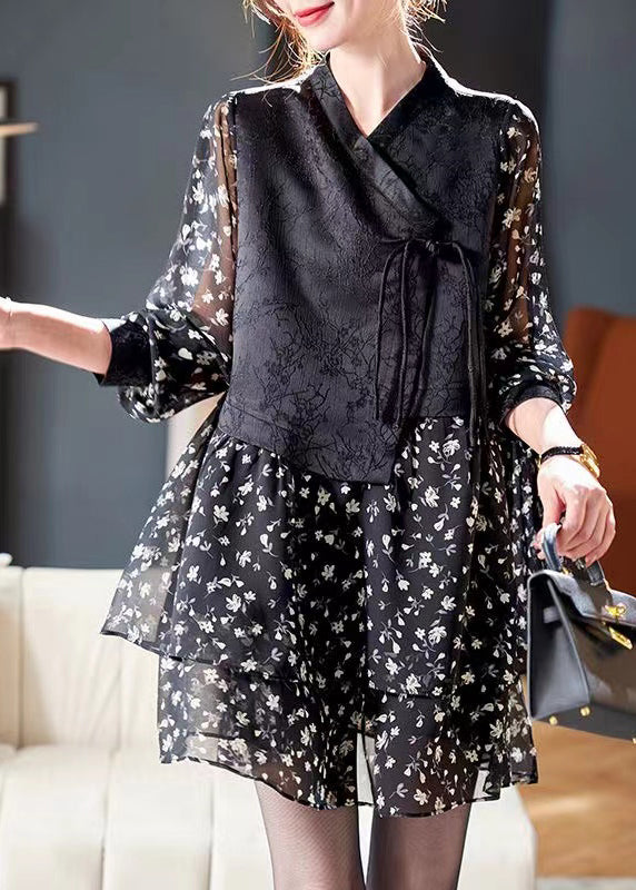 Deep V-Neck Lace Up Print Patchwork Chiffon Midi Dress 2