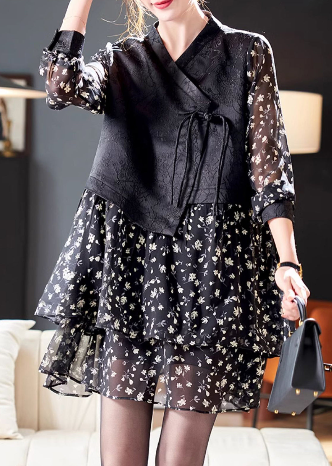 Deep V-Neck Lace Up Print Patchwork Chiffon Midi Dress 3
