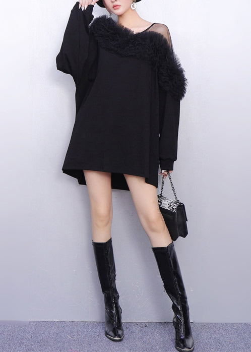 Mesh Shoulder Tulle Ruffle Off Shoulder Sweatshirt Mini Dress
