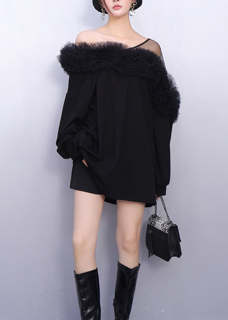 Mesh Shoulder Tulle Ruffle Off Shoulder Sweatshirt Mini Dress 3