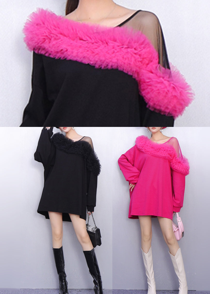 Mesh Shoulder Tulle Ruffle Off Shoulder Sweatshirt Mini Dress 5