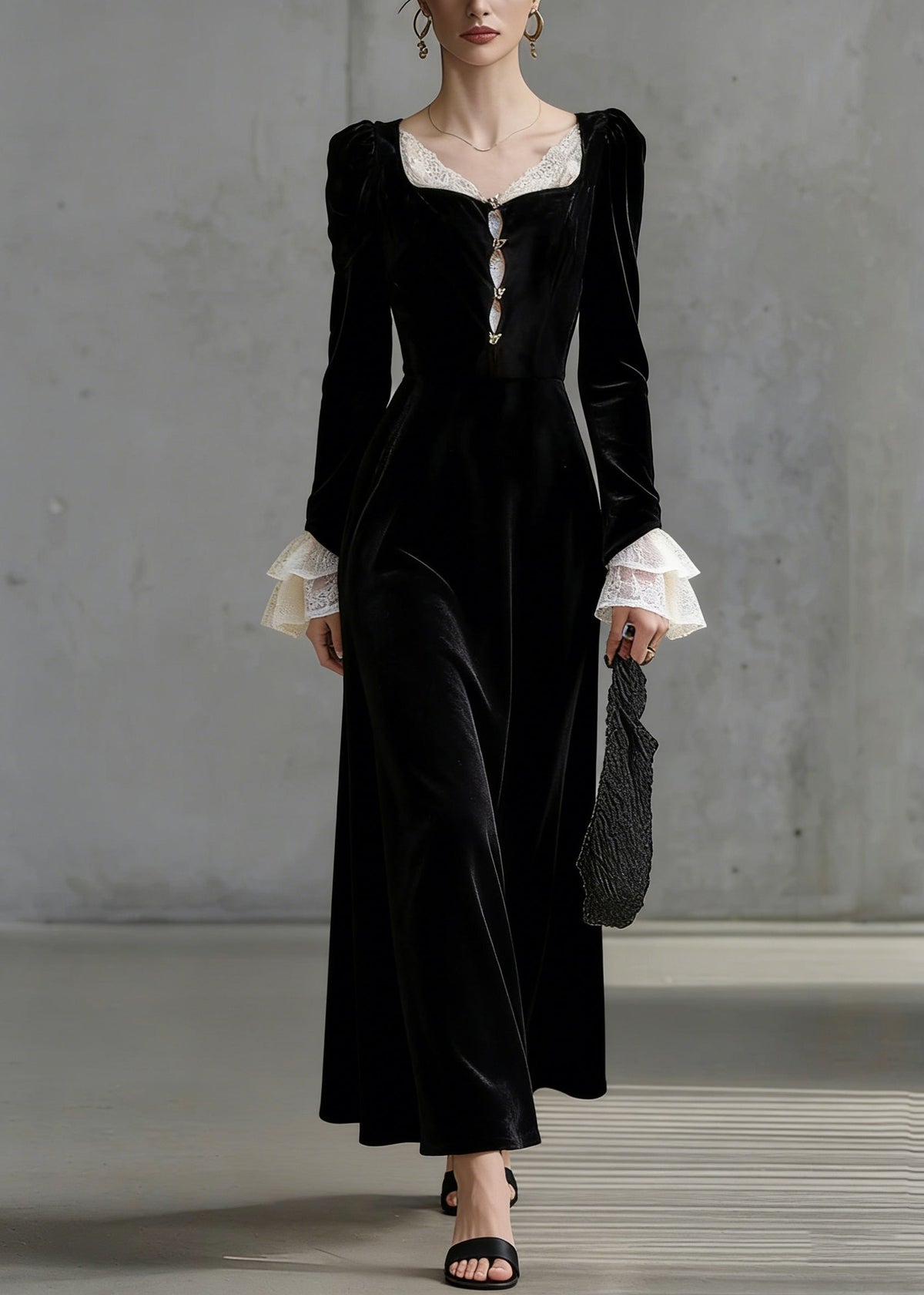 Sweetheart Neck Lace Trim Jewel Button Tiered Ruffle Cuff Velvet Maxi Dress 5