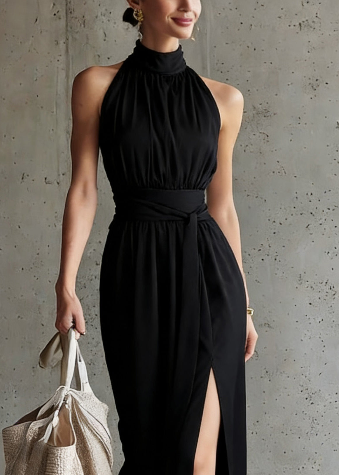 Halter Mock Neck Tie Waist Side Slit Jersey Maxi Dress 2