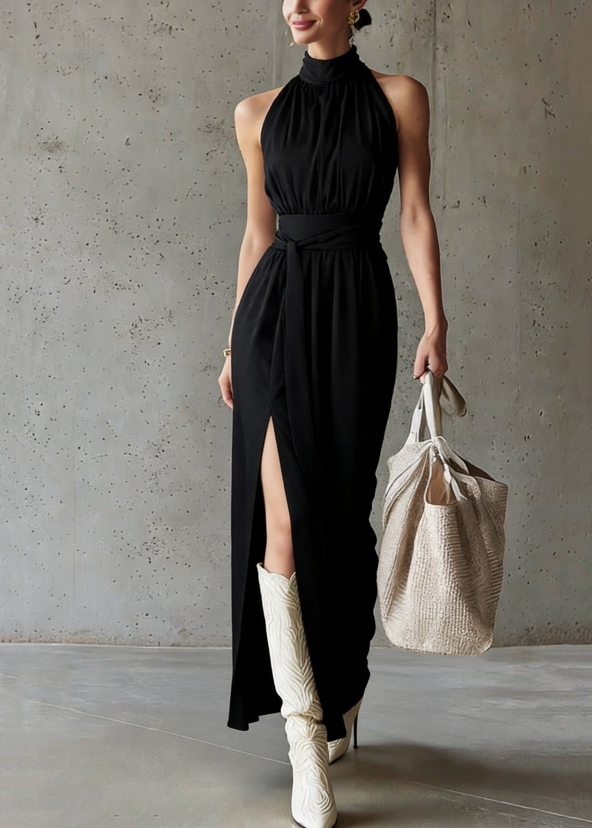 Halter Mock Neck Tie Waist Side Slit Jersey Maxi Dress 3