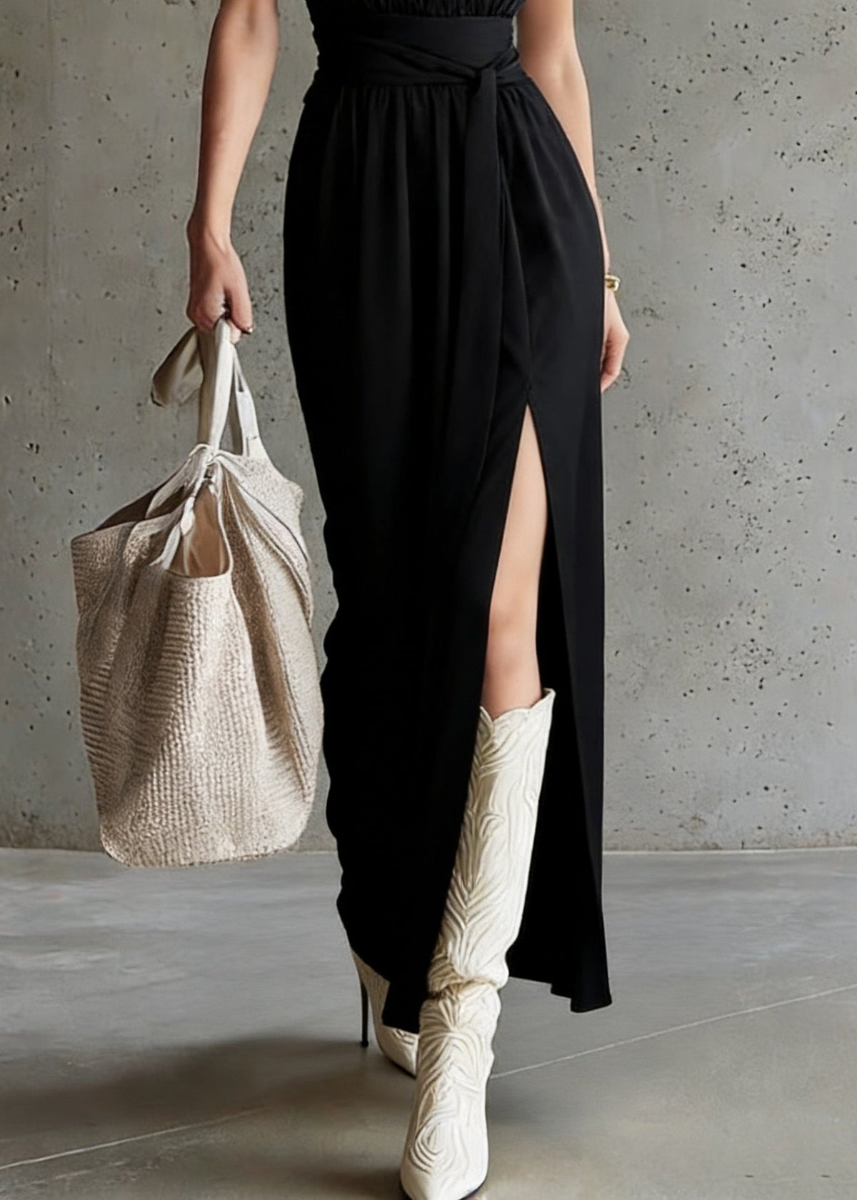 Halter Mock Neck Tie Waist Side Slit Jersey Maxi Dress 4