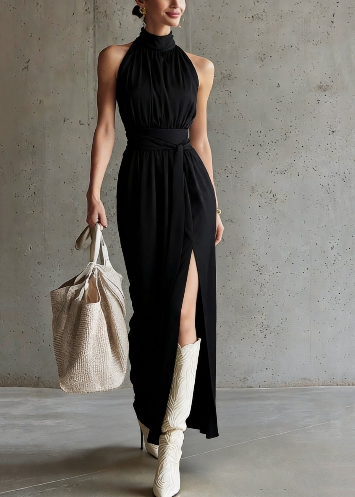Halter Mock Neck Tie Waist Side Slit Jersey Maxi Dress 5