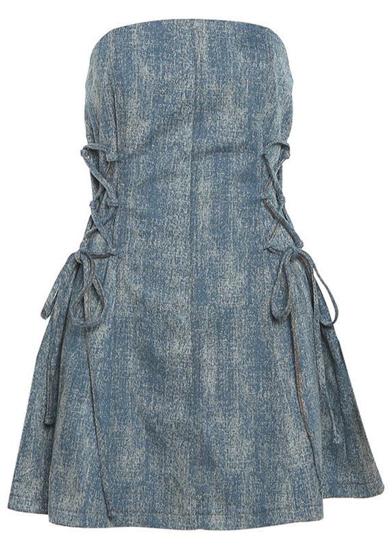 Strapless Lace Up Side Corset Fit Flare Denim Mini Dress 5