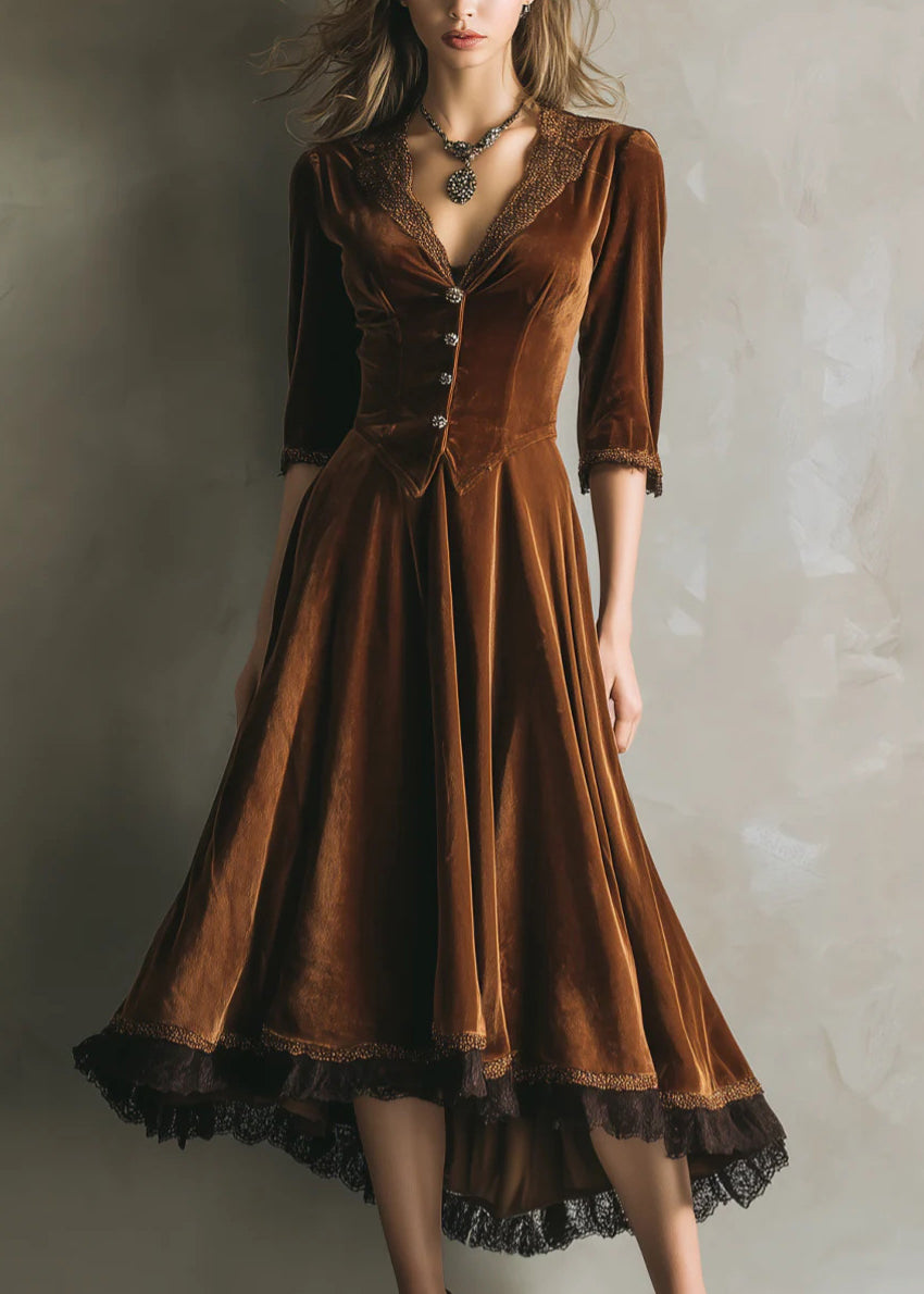 Deep V-Neck Beaded Shawl Collar Button-Front High-Low Lace Velvet Dress