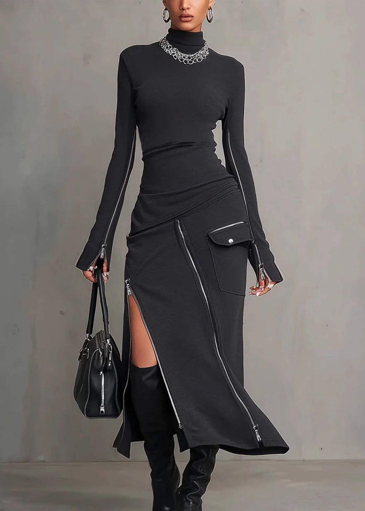 Mock Neck Zip Detail Cargo Pocket Asymmetric Slit Bodycon Maxi Dress