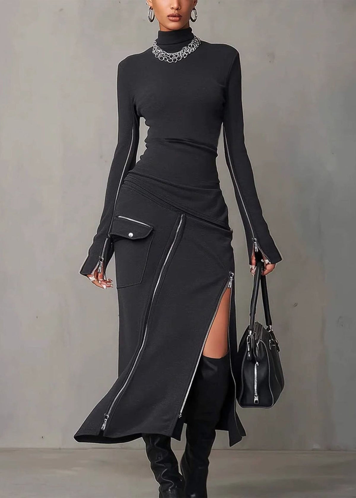 Mock Neck Zip Detail Cargo Pocket Asymmetric Slit Bodycon Maxi Dress 3