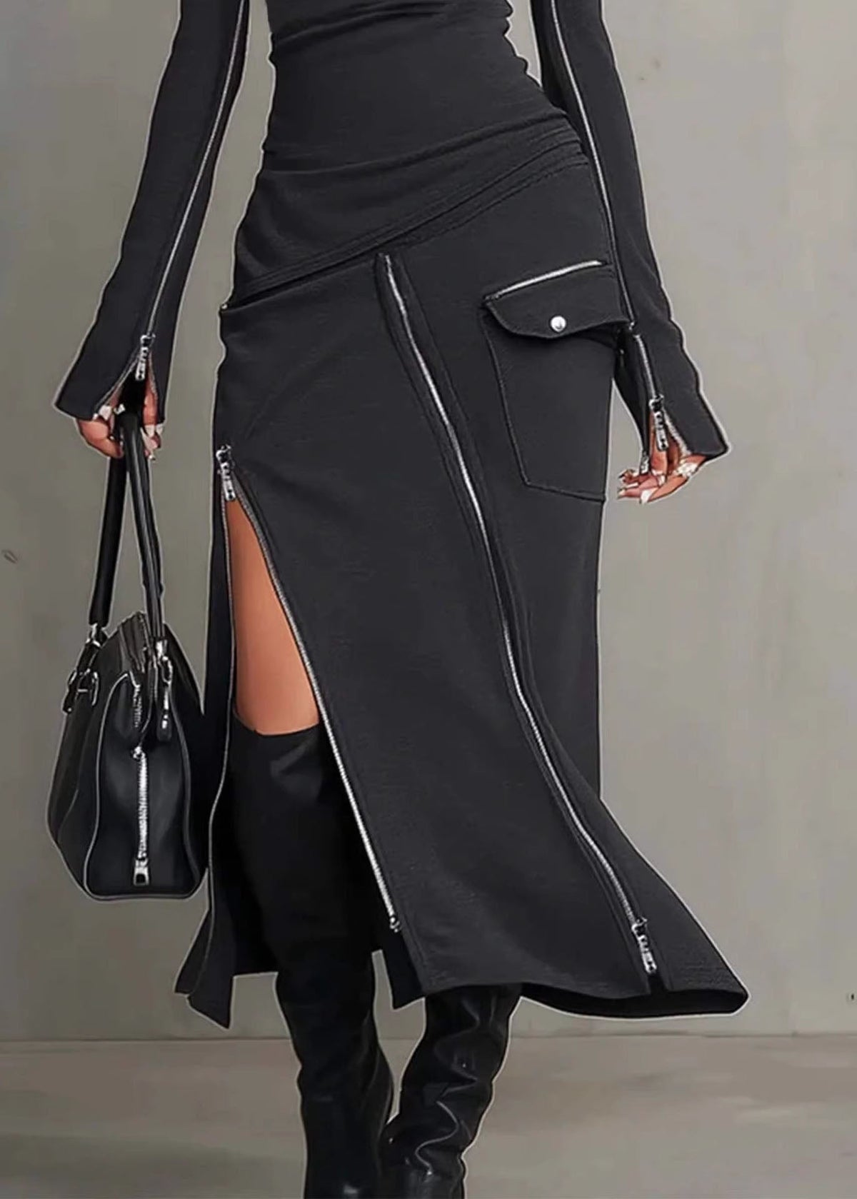 Mock Neck Zip Detail Cargo Pocket Asymmetric Slit Bodycon Maxi Dress 4