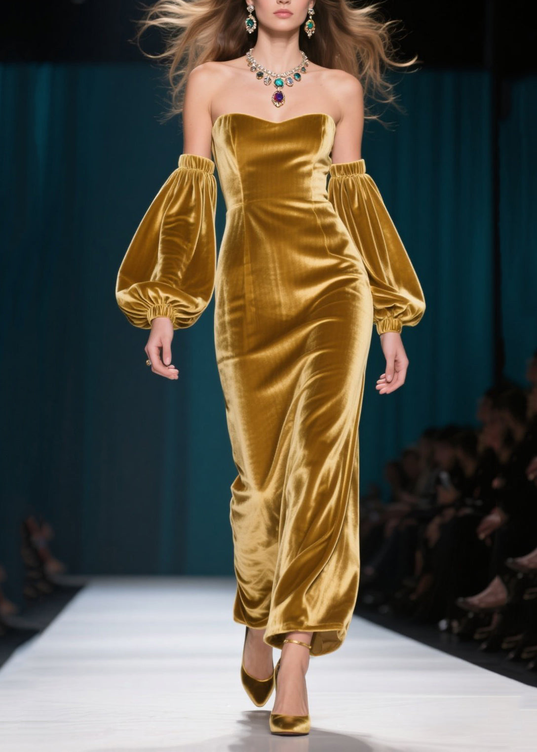 Strapless Sweetheart Neck Detached Balloon Sleeve Velvet Column Gown