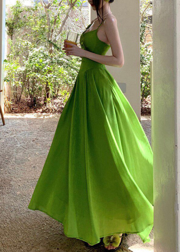 Spaghetti Strap Floral Applique Paneled Bodice Pleated A-Line Maxi Gown 4