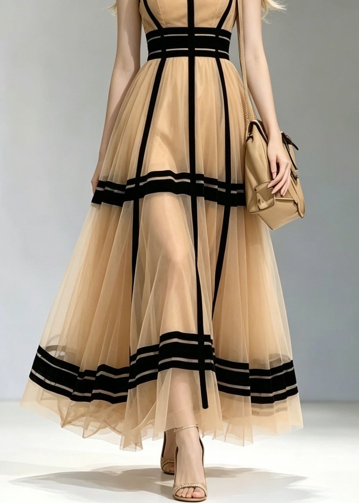Square Neck Contrast Paneled Sheer Tulle Pleated Floor-Length Gown 4
