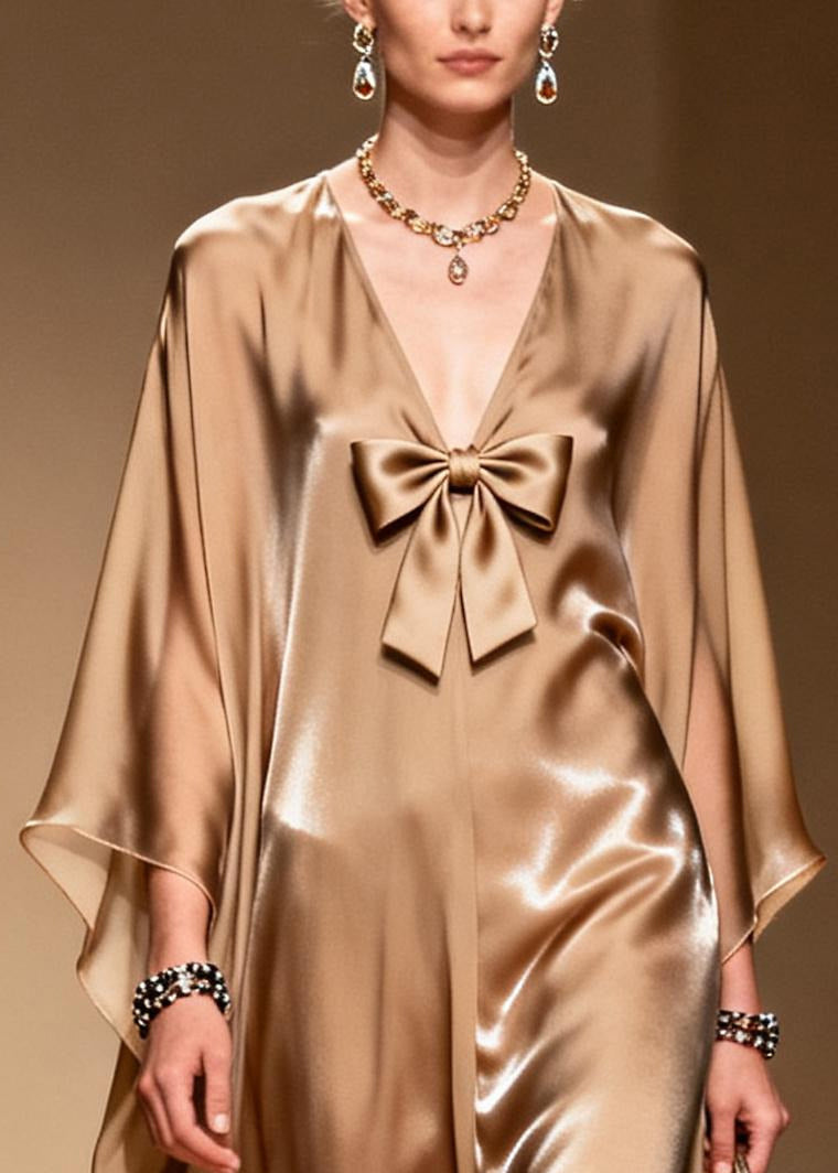 Deep V-Neck Front Bow Kaftan Sleeve Satin Floor Length Gown 2