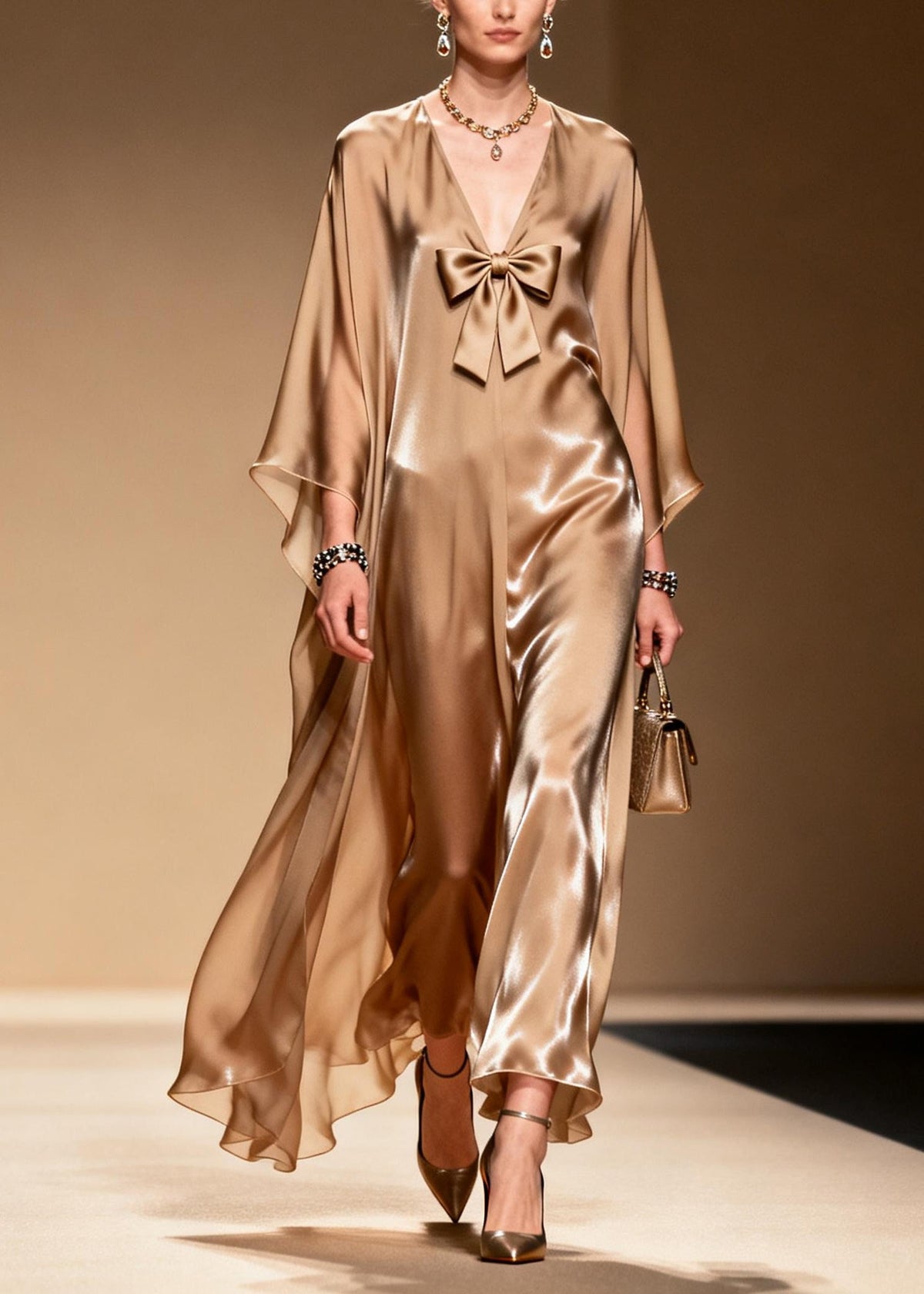 Deep V-Neck Front Bow Kaftan Sleeve Satin Floor Length Gown 5