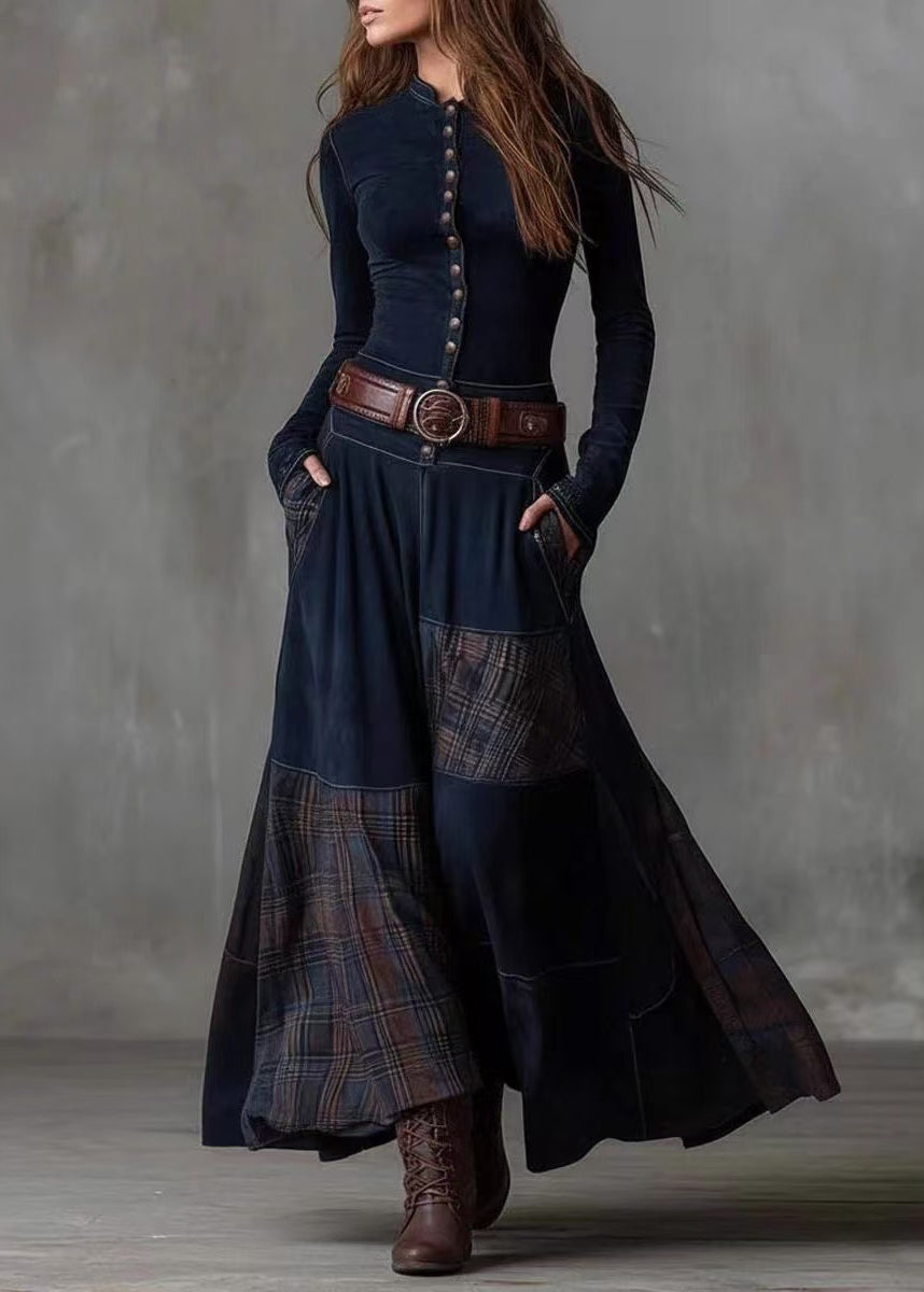 Button Front Stand Collar Patchwork Plaid Panel Maxi Dress