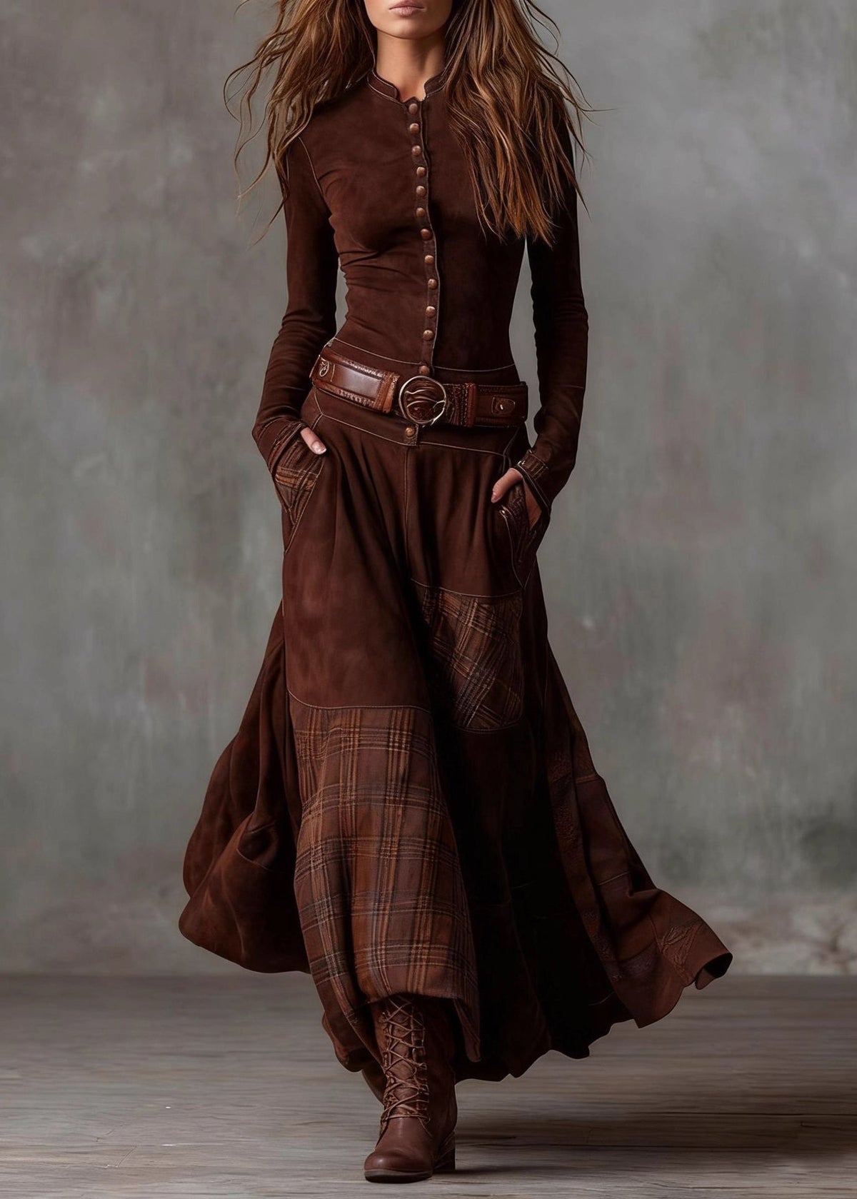 Button Front Stand Collar Patchwork Plaid Panel Maxi Dress 2