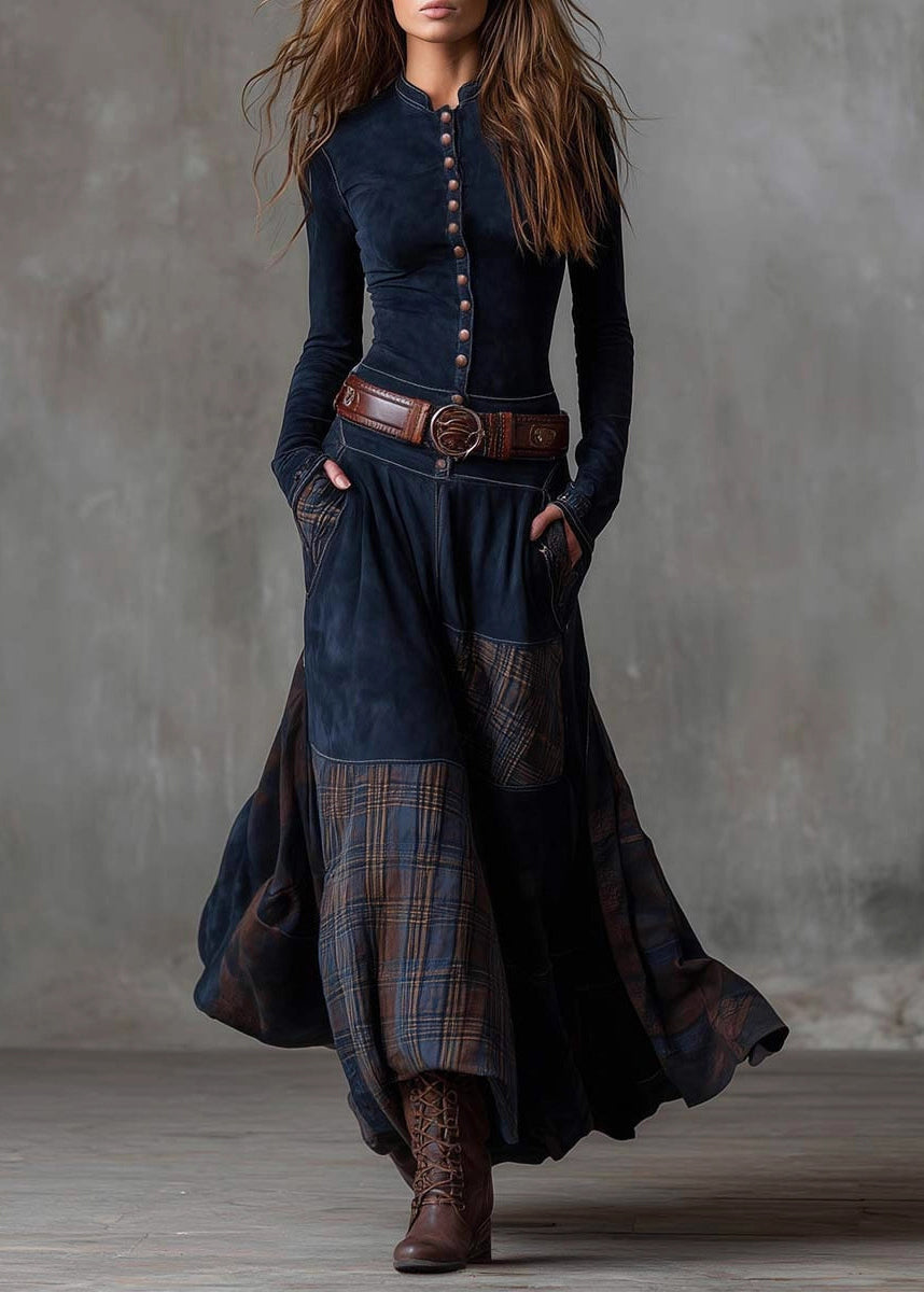 Button Front Stand Collar Patchwork Plaid Panel Maxi Dress 4