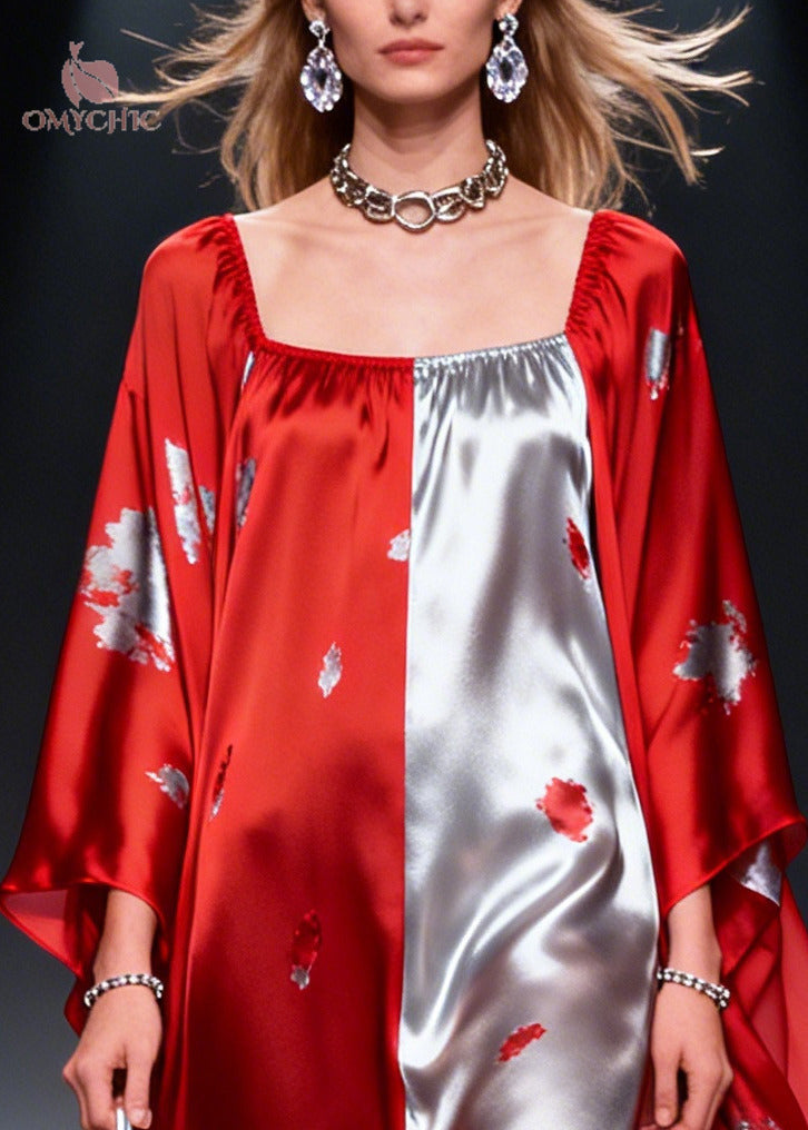 Square Neck Abstract Print Satin Sheer Cape Sleeve Maxi Dress 2